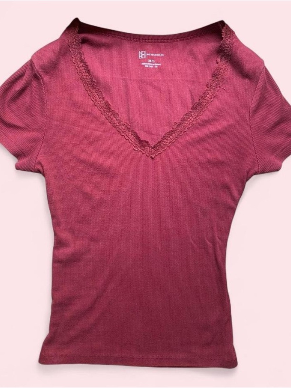 No Boundaries Lace-Trim V-Neck Short Sleeve Top - Raspberry